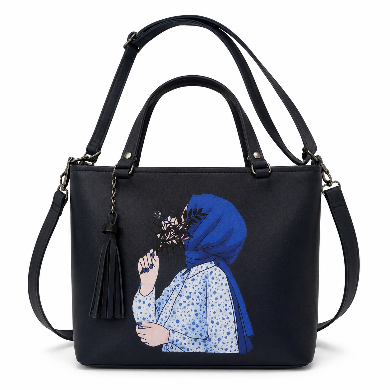 Black Printed Handbag for Women with Shoulder & Crossbody Strap