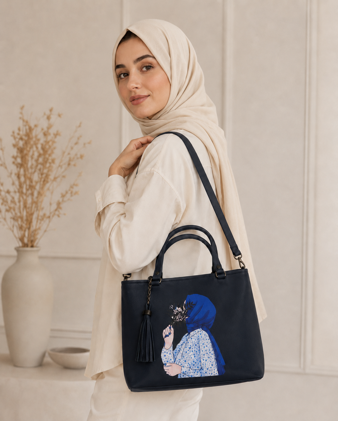 Black Printed Handbag for Women with Shoulder & Crossbody Strap